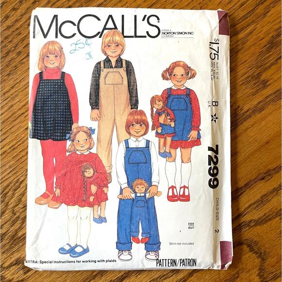 Vintage 1980s McCalls 7299 Sewing Pattern Size 2 Overalls Dress Jumper COMPLETE - Picture 1 of 2